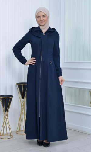 مانطو حجاب ياقة ملكية مع حزام 1213 - كحلي