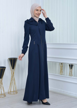 مانطو حجاب ياقة ملكية مع حزام 1213 - كحلي