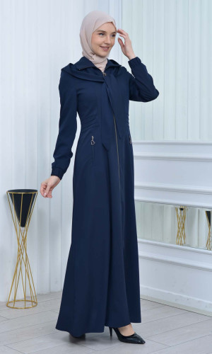 مانطو حجاب ياقة ملكية مع حزام 1213 - كحلي