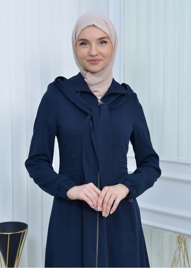 Önü fermuarlı Kapşonlu-Kuşaklı  Tesettür Pardesü 1213 Lacivert