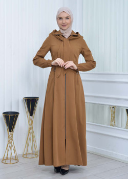 مانطو حجاب ياقة ملكية مع حزام 1213 - ترابي