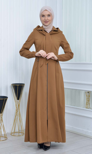 مانطو حجاب ياقة ملكية مع حزام 1213 - ترابي