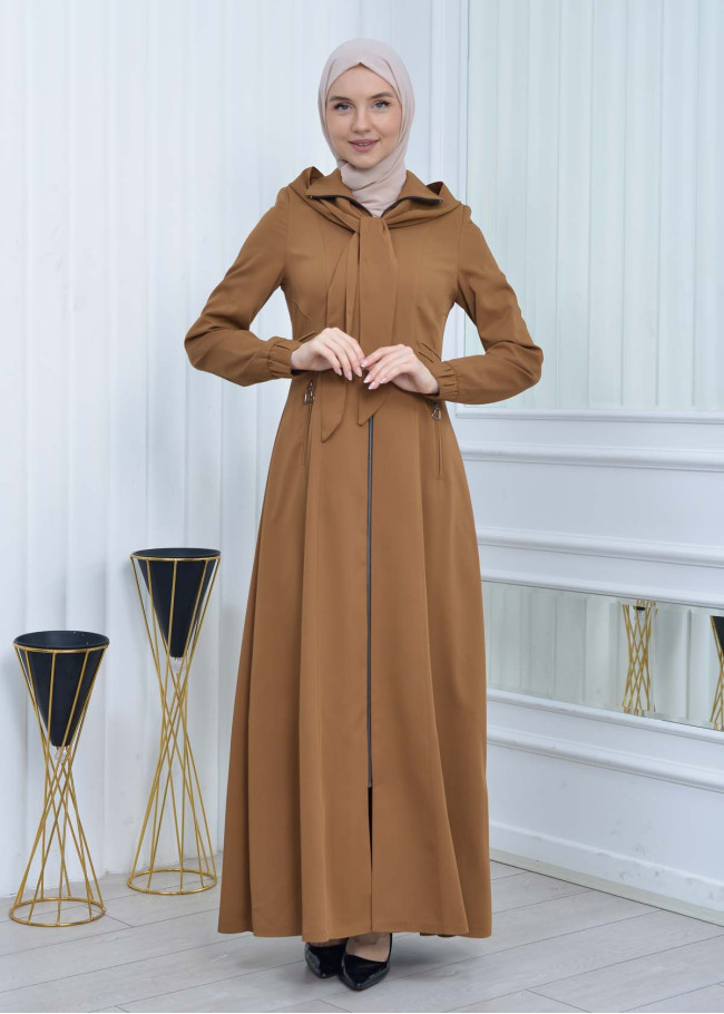 Hooded-Belted Hijab Topcoat 1213 with front zipper taba