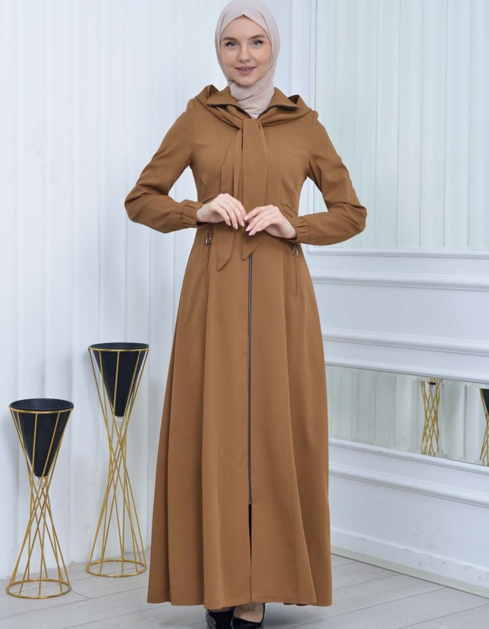 Hooded-Belted Hijab Topcoat 1213 with front zipper taba