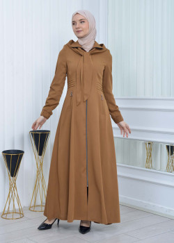 مانطو حجاب ياقة ملكية مع حزام 1213 - ترابي