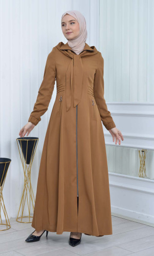 مانطو حجاب ياقة ملكية مع حزام 1213 - ترابي