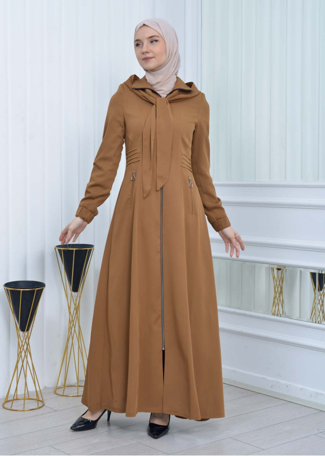 Hooded-Belted Hijab Topcoat 1213 with front zipper taba