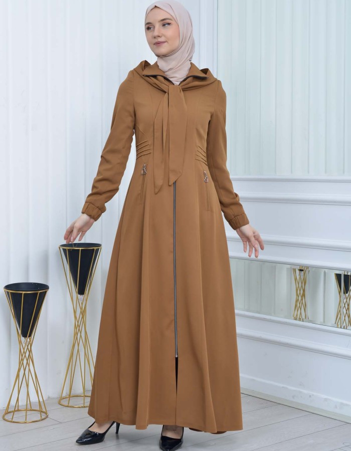 Hooded-Belted Hijab Topcoat 1213 with front zipper taba