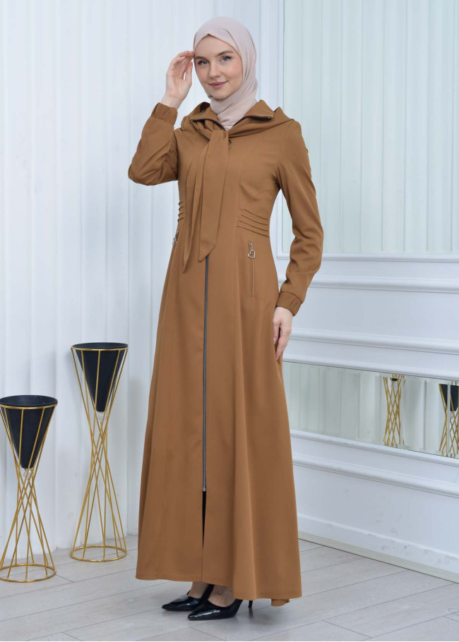 Hooded-Belted Hijab Topcoat 1213 with front zipper taba