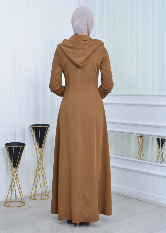Hooded-Belted Hijab Topcoat 1213 with front zipper taba