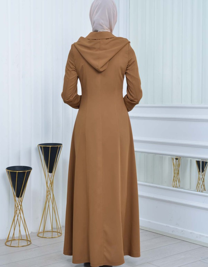 Hooded-Belted Hijab Topcoat 1213 with front zipper taba