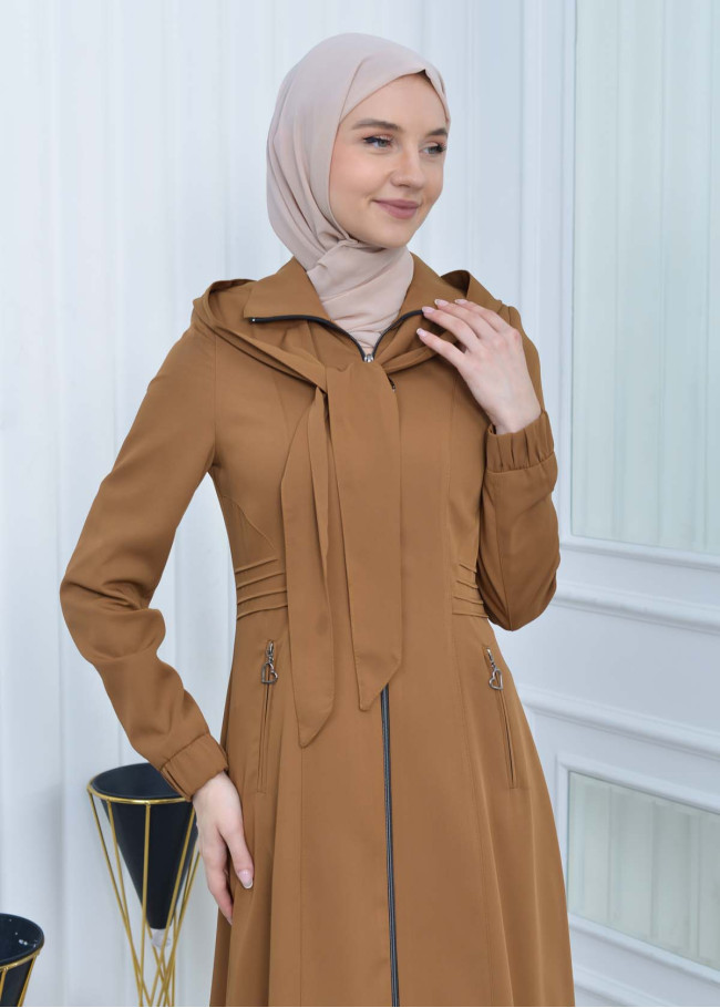 Hooded-Belted Hijab Topcoat 1213 with front zipper taba
