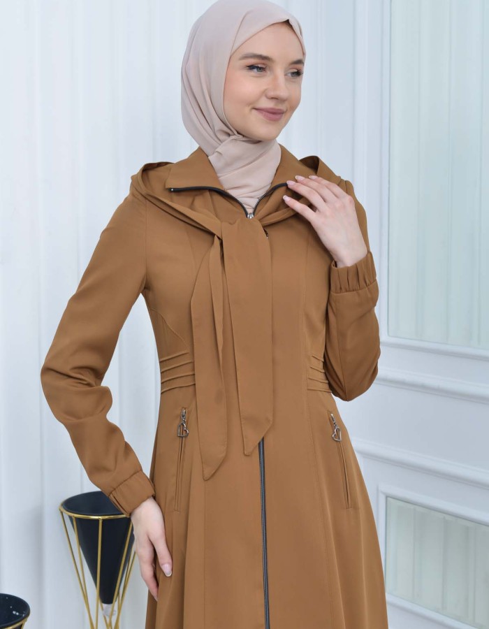 Hooded-Belted Hijab Topcoat 1213 with front zipper taba