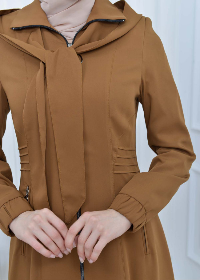 Hooded-Belted Hijab Topcoat 1213 with front zipper taba