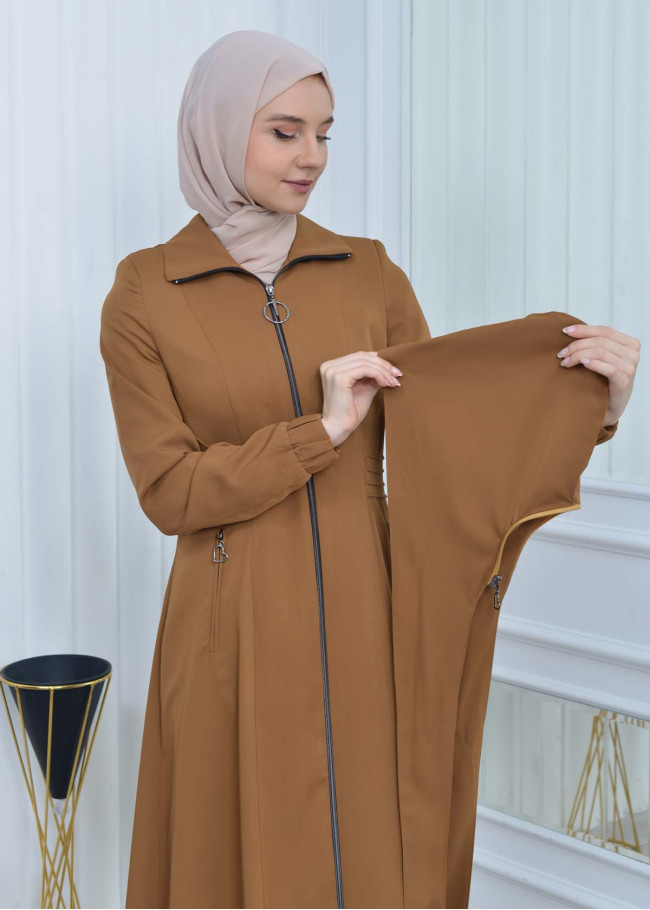 Hooded-Belted Hijab Topcoat 1213 with front zipper taba