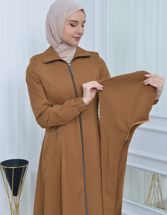 Hooded-Belted Hijab Topcoat 1213 with front zipper taba