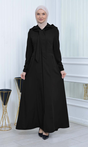 مانطو حجاب ياقة ملكية مع حزام 1213 - اسود