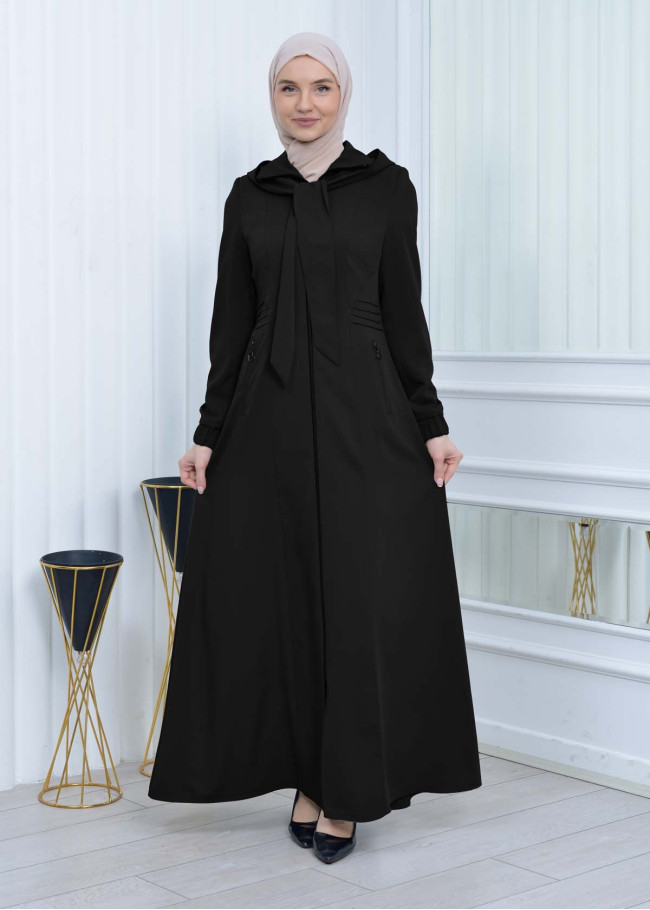 Hooded-Belted Hijab Topcoat 1213 with front zipper - black