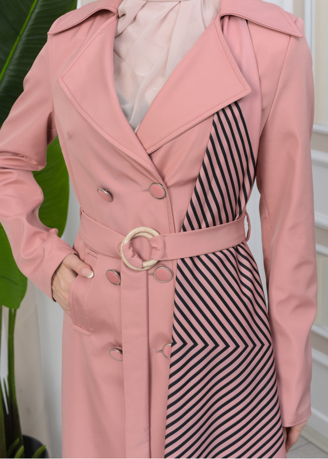 SHAWL COLLAR BELT WOMEN'S PARACHUTE TRENCH COAT 1347 Pembe