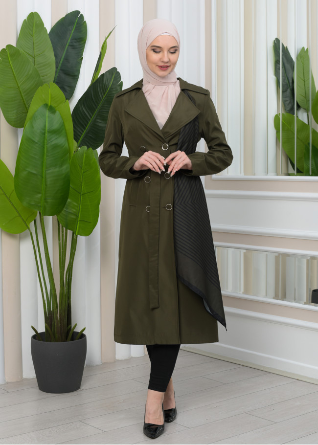 SHAWL COLLAR BELT WOMEN'S PARACHUTE TRENCH COAT 1347 Haki