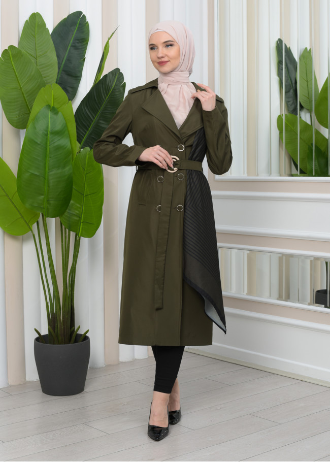 SHAWL COLLAR BELT WOMEN'S PARACHUTE TRENCH COAT 1347 Haki