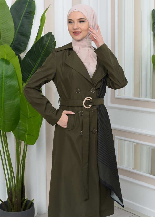 SHAWL COLLAR BELT WOMEN'S PARACHUTE TRENCH COAT 1347 Haki