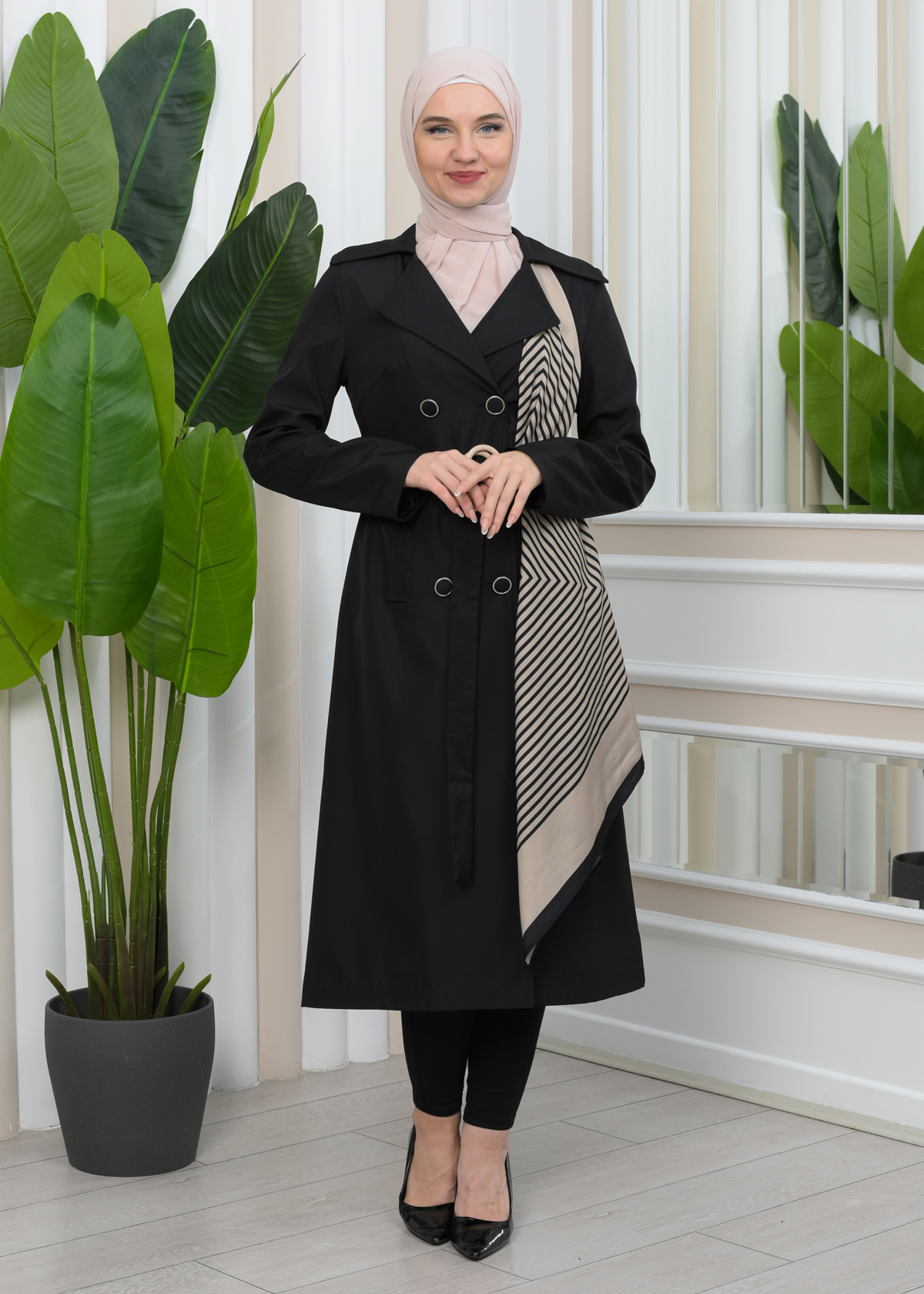 SHAWL COLLAR BELT WOMEN'S PARACHUTE TRENCH COAT 1347 Siyah