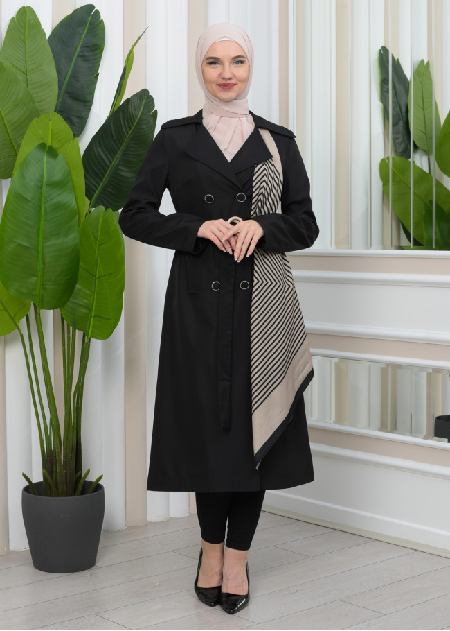 SHAWL COLLAR BELT WOMEN'S PARACHUTE TRENCH COAT 1347 Siyah