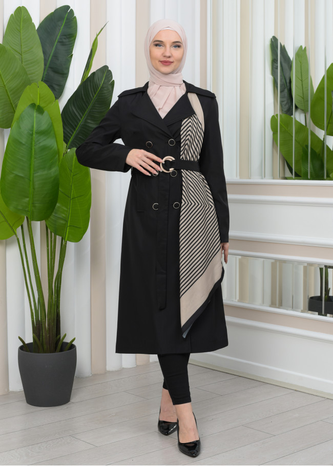 SHAWL COLLAR BELT WOMEN'S PARACHUTE TRENCH COAT 1347 Siyah