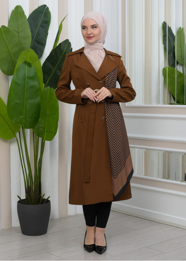 SHAWL COLLAR BELT WOMEN'S PARACHUTE TRENCH COAT 1347 Kahverengi