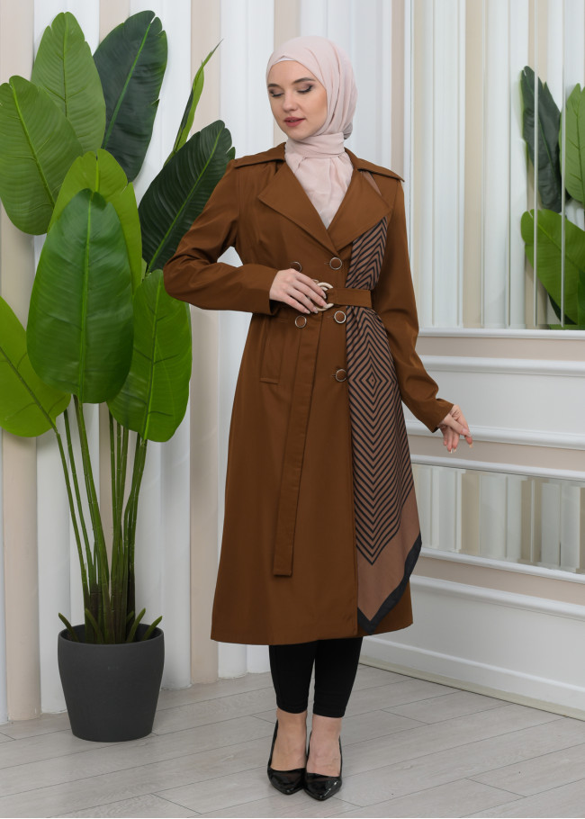 SHAWL COLLAR BELT WOMEN'S PARACHUTE TRENCH COAT 1347 Kahverengi