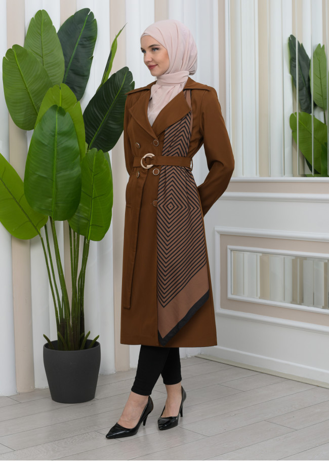 SHAWL COLLAR BELT WOMEN'S PARACHUTE TRENCH COAT 1347 Kahverengi