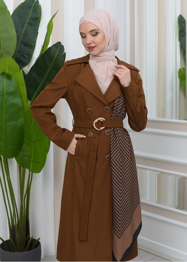 SHAWL COLLAR BELT WOMEN'S PARACHUTE TRENCH COAT 1347 Kahverengi
