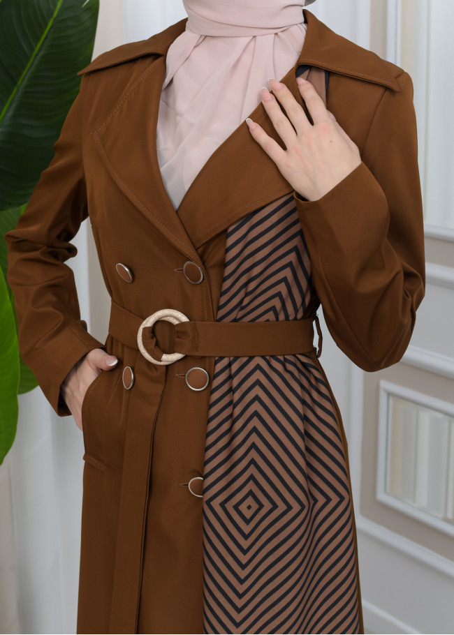 SHAWL COLLAR BELT WOMEN'S PARACHUTE TRENCH COAT 1347 Kahverengi