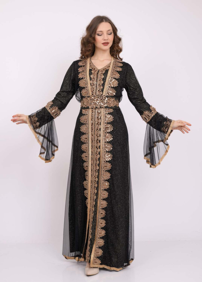 Two Piece Women Kaftan With Chiffon Outer Layer 4103 Siyah