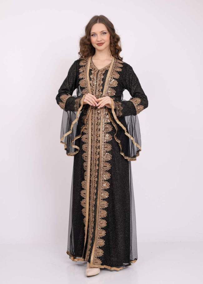 Two Piece Women Kaftan With Chiffon Outer Layer 4103 Siyah