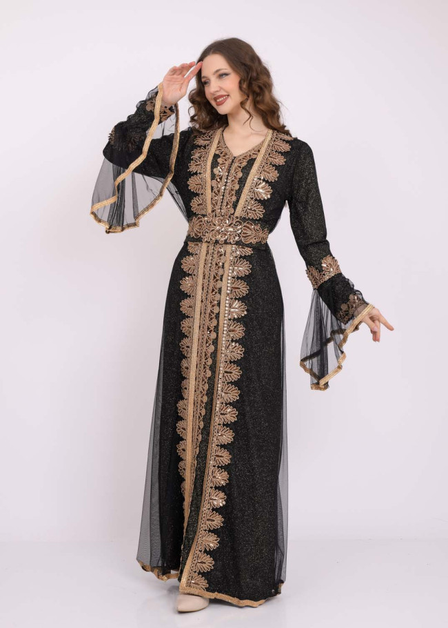 Two Piece Women Kaftan With Chiffon Outer Layer 4103 Siyah