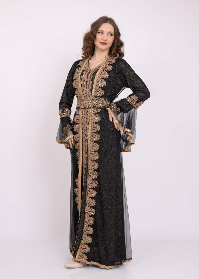Two Piece Women Kaftan With Chiffon Outer Layer 4103 Siyah