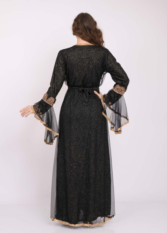 Two Piece Women Kaftan With Chiffon Outer Layer 4103 Siyah