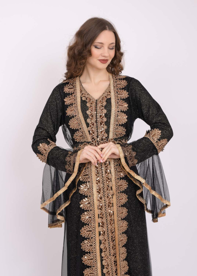 Two Piece Women Kaftan With Chiffon Outer Layer 4103 Siyah
