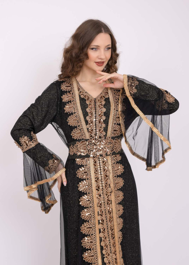 Two Piece Women Kaftan With Chiffon Outer Layer 4103 Siyah