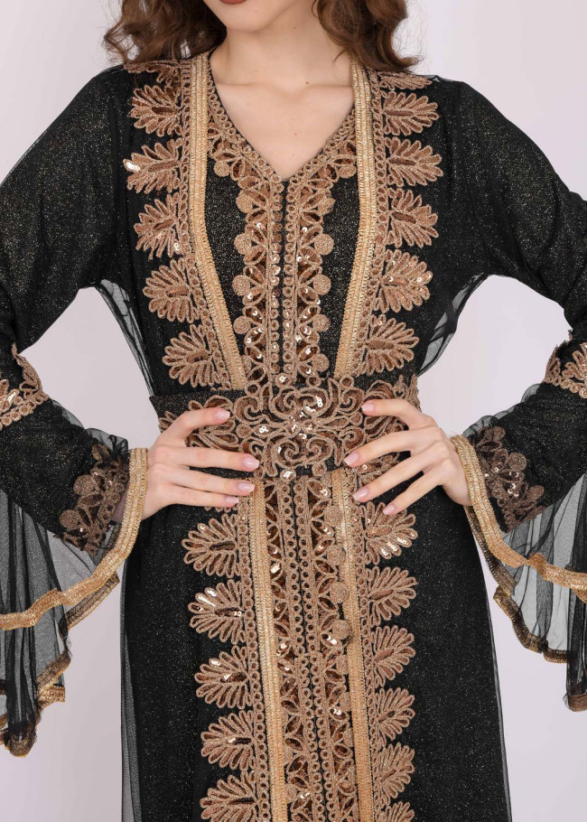 Two Piece Women Kaftan With Chiffon Outer Layer 4103 Siyah