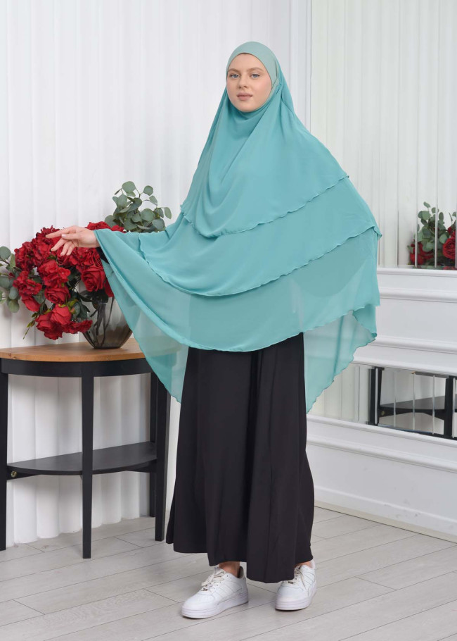 Chiffon Hijab Ready Made Veiled Practical Scarf 3 Layer - Cover Souffle 827 Koyu mint