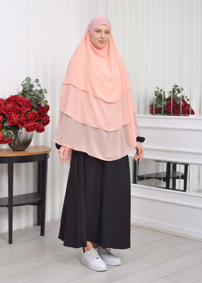 Şifon Şal Hazır Peçeli Pratik Eşarp Tesettür Hijab 3 Katman - Örtüsü Sufle 827 Pudra