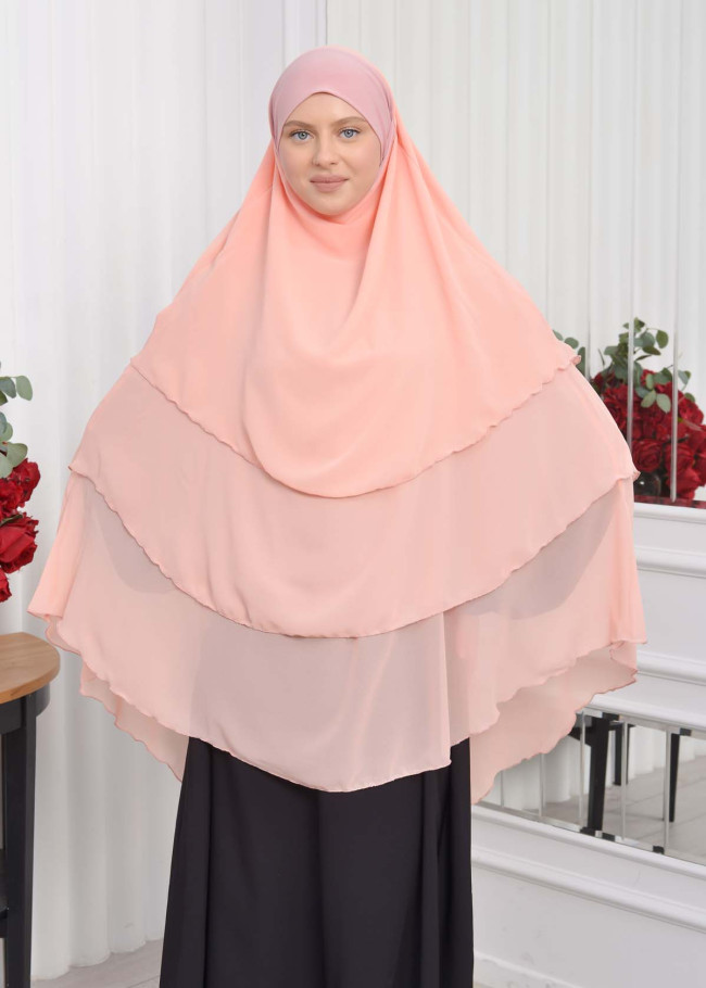 Şifon Şal Hazır Peçeli Pratik Eşarp Tesettür Hijab 3 Katman - Örtüsü Sufle 827 Pudra