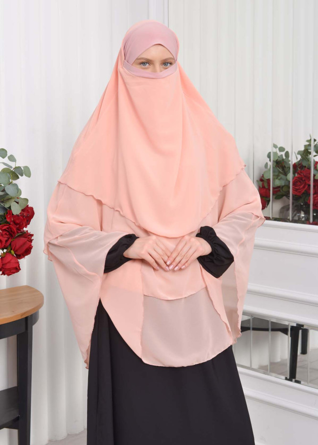 Şifon Şal Hazır Peçeli Pratik Eşarp Tesettür Hijab 3 Katman - Örtüsü Sufle 827 Pudra