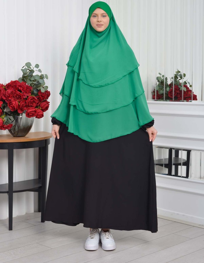 Chiffon Hijab Ready Made Veiled Practical Scarf 3 Layer - Cover Souffle 827 Yeşil