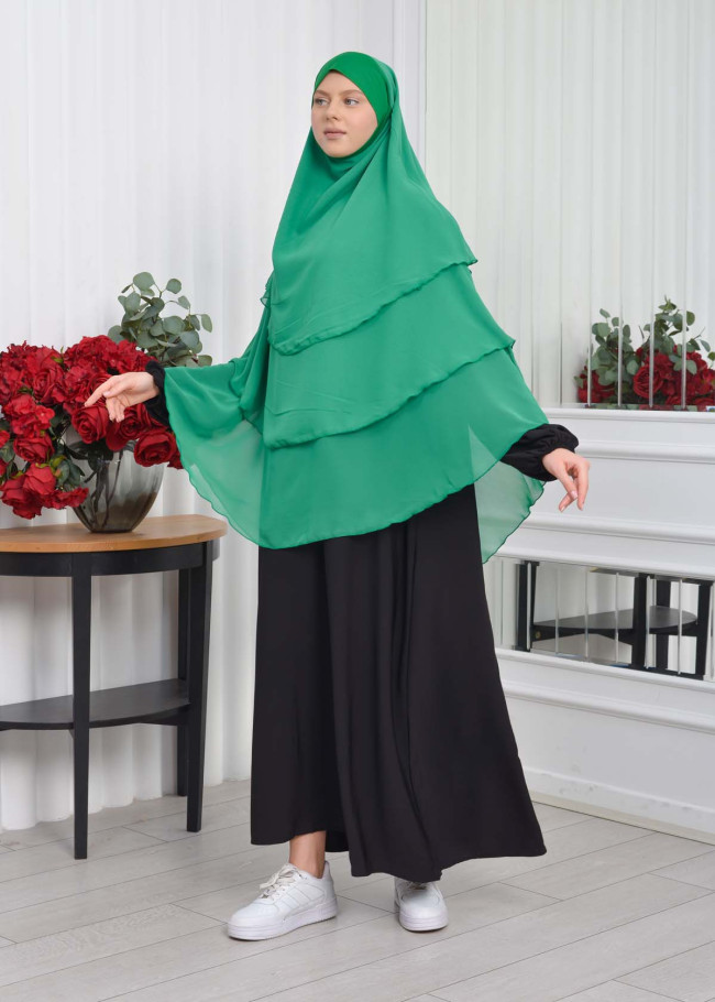Şifon Şal Hazır Peçeli Pratik Eşarp Tesettür Hijab 3 Katman - Örtüsü Sufle 827 Yeşil