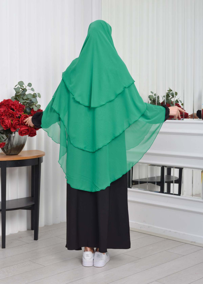 Şifon Şal Hazır Peçeli Pratik Eşarp Tesettür Hijab 3 Katman - Örtüsü Sufle 827 Yeşil