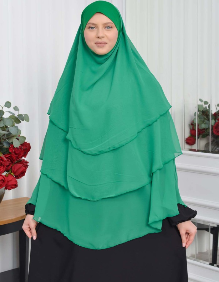 Chiffon Hijab Ready Made Veiled Practical Scarf 3 Layer - Cover Souffle 827 Yeşil